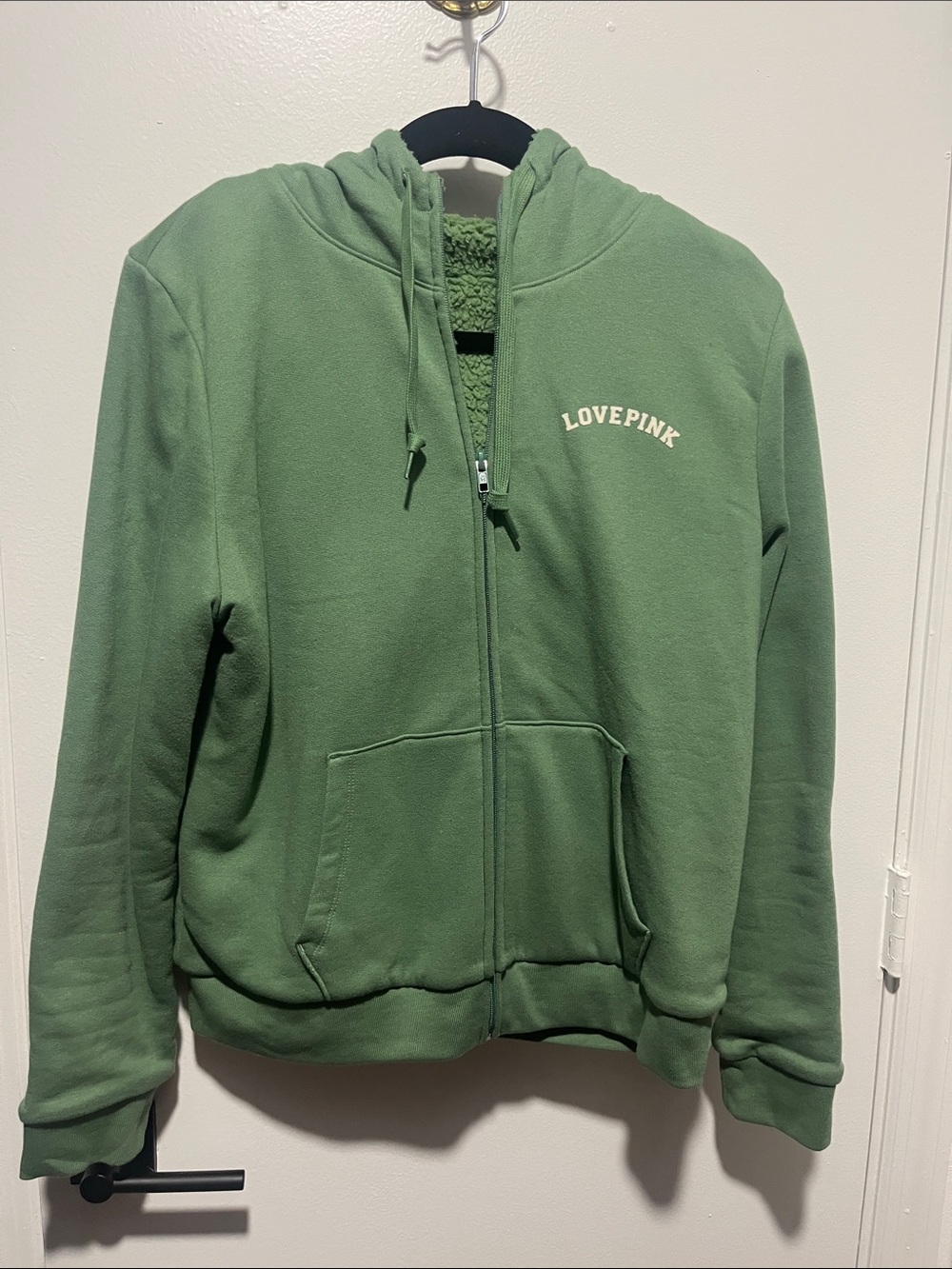 PINK Victoria's Secret Green LOVE PINK Sherpa-Lined Zip Hoodie